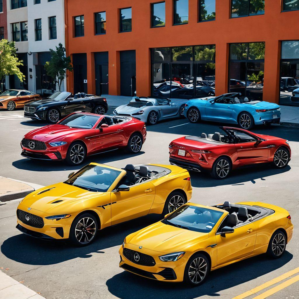 A sleek collage showcasing a variety of affordable premium vehicles, including an SUV and a convertible, set against a sunlit urban backdrop. Add elements like price tags on each vehicle to emphasize affordability and vibrant street scenes to convey lifestyle. Include a cheerful family enjoying a drive and a couple with their convertible roof down, epitomizing freedom and luxury. modern illustration. bright colors. sunny ambiance.