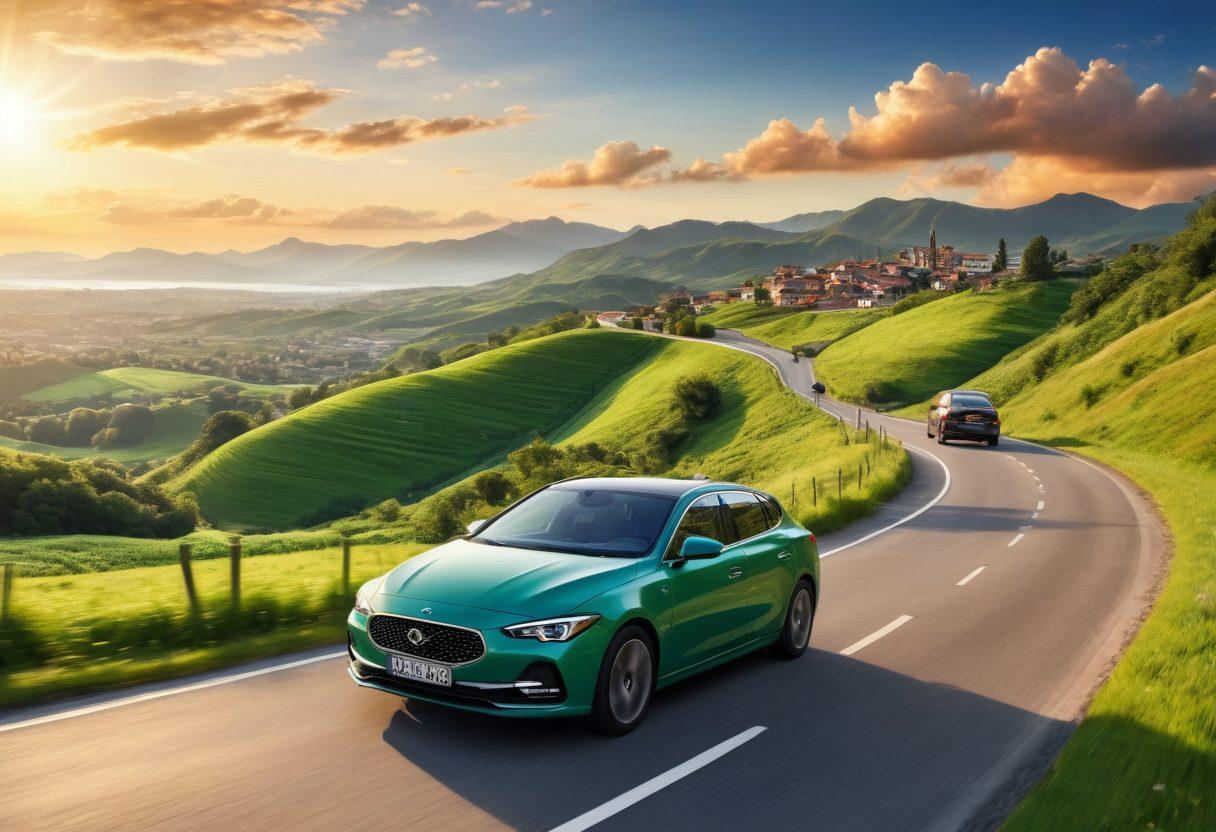 A picturesque road winding through lush green hills with a luxurious yet affordable car parked beside it, symbolizing freedom and adventure. In the background, a sunny sky and a distant city skyline hint at the vibrant travel experience. Include cheerful travel essentials like a map and sunglasses scattered on the hood of the car. The overall mood should evoke excitement and the joy of discovering new places. super-realistic. vibrant colors. 3D.