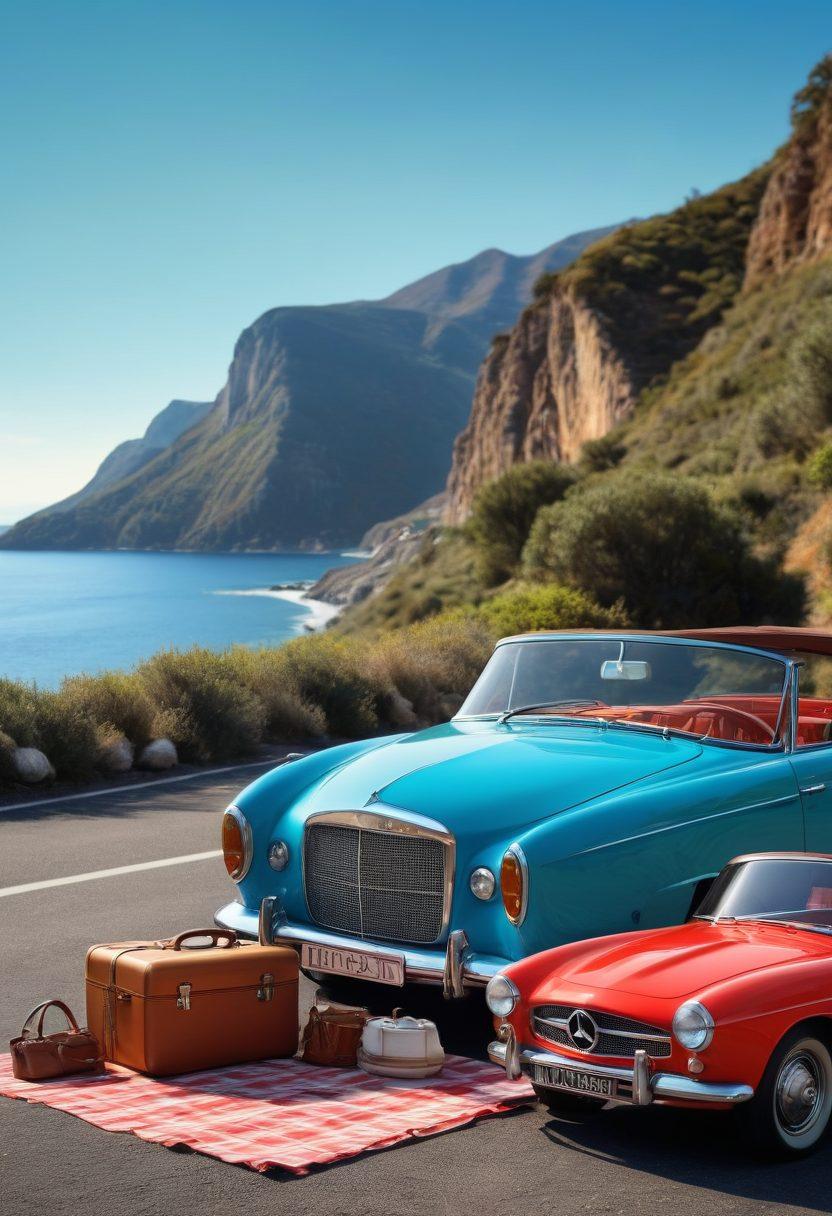 A stunning road trip scene featuring a sleek luxury car parked on a scenic coastal road, with mountains in the background and a bright blue sky. Include a stylish picnic setup next to the car with a vintage suitcase and travel essentials scattered around. The atmosphere should evoke a sense of adventure and relaxation, appealing to budget-conscious travelers. vibrant colors. super-realistic.